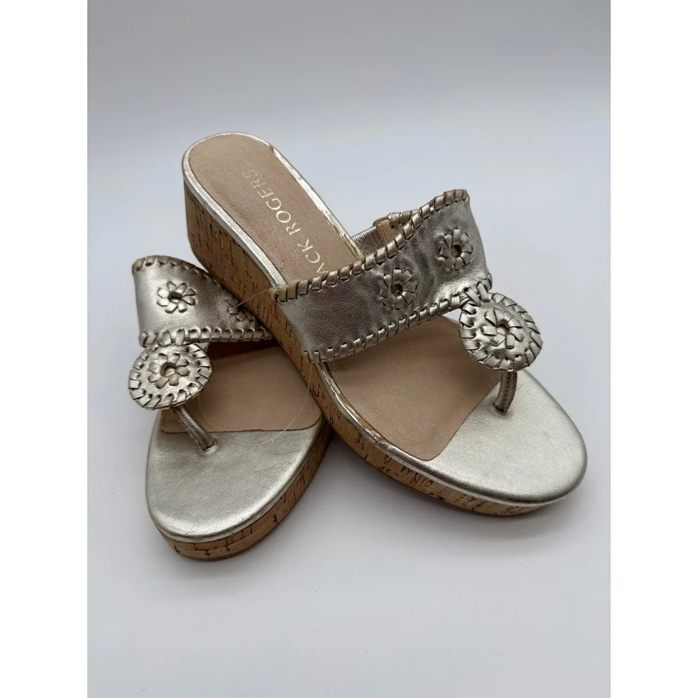 Jack Rogers Jacks Mid Wedge Sandals Platinum Gold Metallic Cork Heel Womens 7M